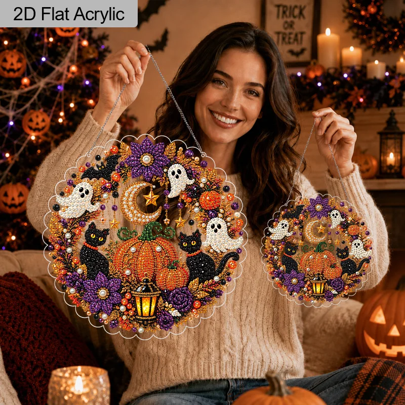 2D Flat Acrylic Halloween Pumpkin Black Cat Ghost Diamond Art Suncatcher Kit, DIY Round Shape Diamond Painting Hanging Pendant