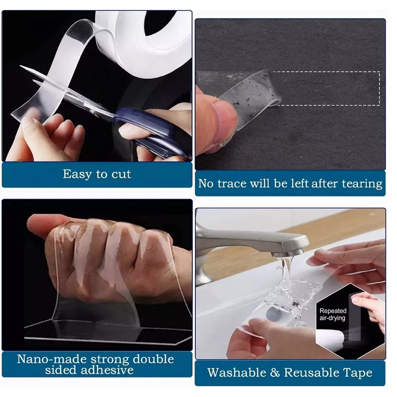 Cinta Nano Doble Adhesiva 3 Metros Transparente Lavable Reutilizable Hogar Oficina