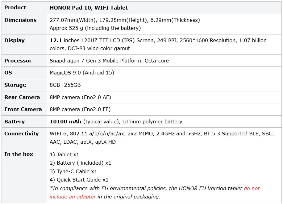 HONOR Pad 10,EU Version, 8GB+256GB, 10100mAh Battery,12.1-inch 120Hz 2.5K Eye-Care Display,Snapdragon 7 Gen 3,HONOR Tablet,Android WIFI Tablet