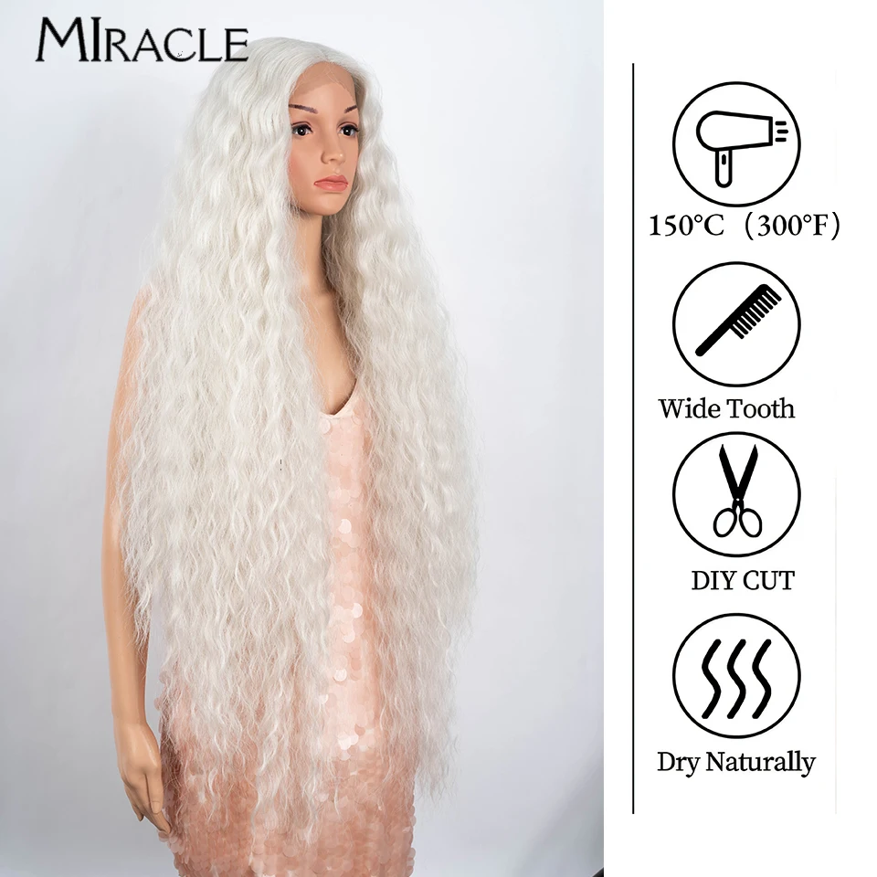 MIRACLE Synthetic Lace Front Wig For Women 40 Inch Water Wave Lace Wig Cosplay Wigs Ombre Highlight Pink Blonde Wig Fiber Hair