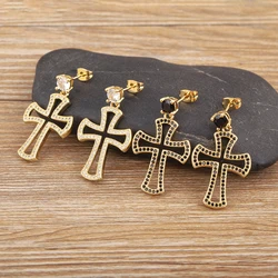 Nidin High Quality Hollow Design Inlaid Zircon Cross Earrings For Women Religious Style Personality Jewelry Accessories Gifts