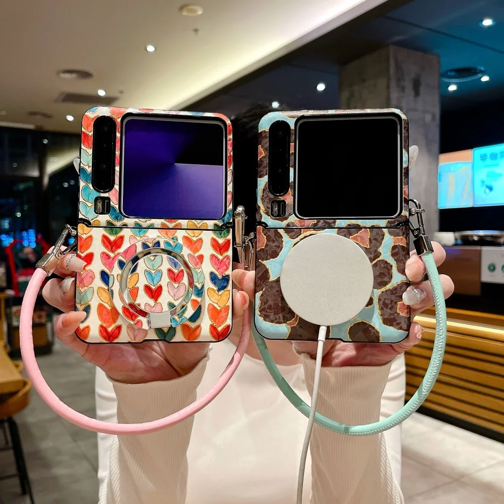 

Hot stamping art oil painting with magnetic holder mobile case, suitable for Samsung Z Flip 4/5/6/7, shockproof protective case