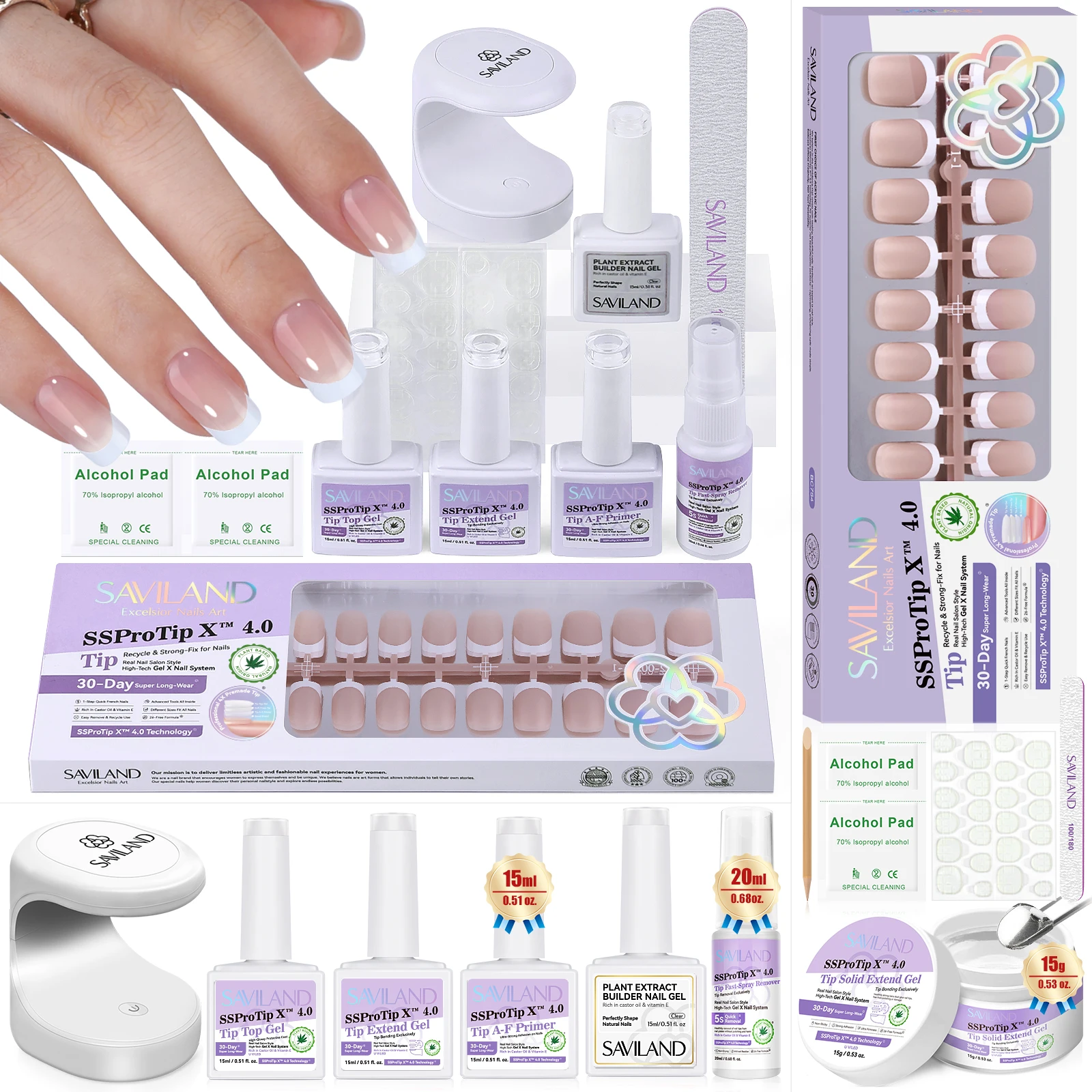 SAVILAND-Kit de uñas de Gel X francés, 90 piezas, prensa cuadrada Extra corta con pegamento para uñas, lámpara LED UV, suministros para uñas