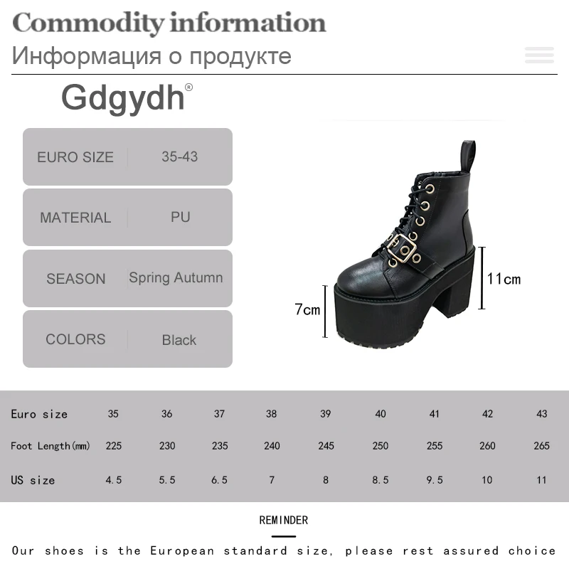 Gdgydh Womens Gothic Style Platform Combat Boots Buckle Front Tie Short Boots Street Slope Punk Mid Calf Boots Chunky Heels