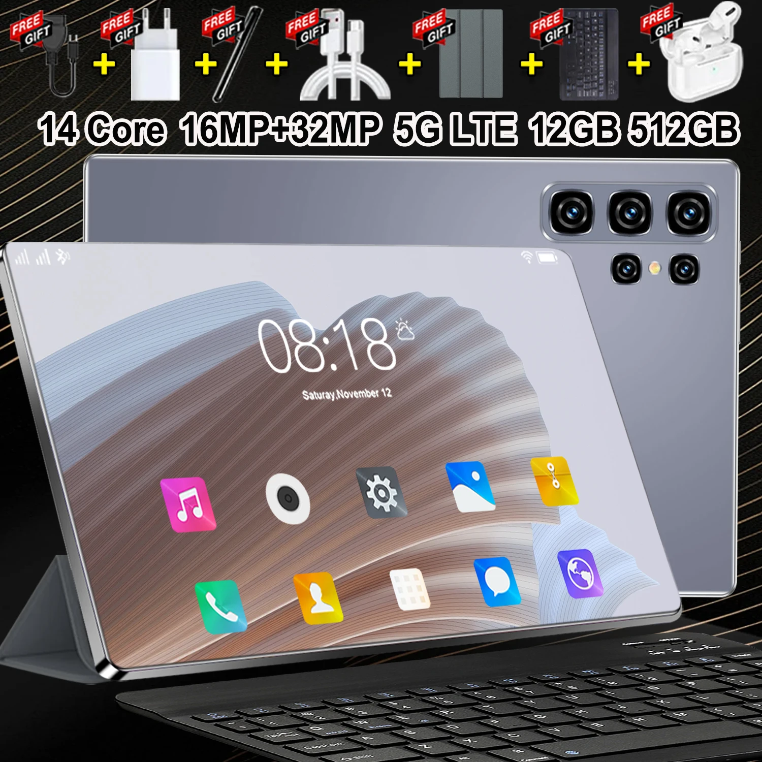Tablet Global Premium de 10.36 Pulgadas 4K HD IPS, Procesador Ultra Rápido de 14 Núcleos, Chip de Última Generación 8 Gen2, Sistema Operativo Android 13 Fluido, 12GB + 512GB de Memoria Amplia, Batería de Larga Duración de 20000mAh, Compatible con 5G WIFI Bluetooth WPS GPS