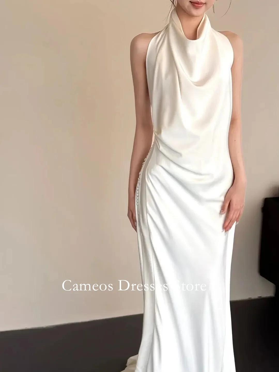 SONDR Customized High Neck Sexy Backless Sleeveless Wedding Dresses Sweep Train Ruched Ivory Brides Gowns Women Bridal Dresses