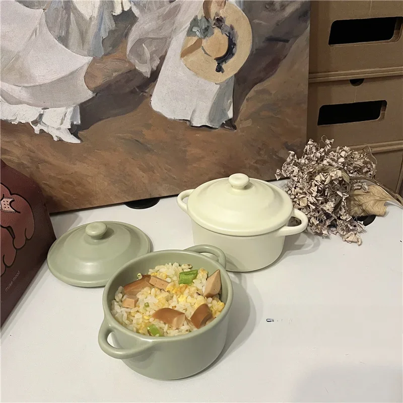 Petit bol en céramique de 220ml, bol à double oreille couvert, micro-ondes, friteuse à air et four approprié