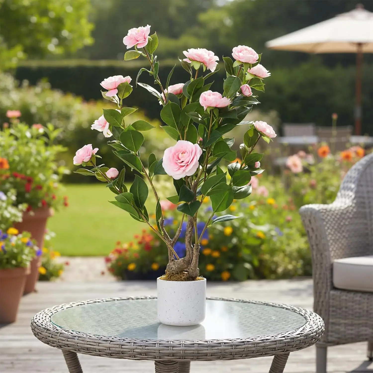 Arbre de Camélia Artificiel, 120 cm/110 cm/75 cm, 24 Fleurs Roses - Plante Artificielle Réaliste en Pot pour la Maison, le Bureau, le Balcon, les Mariages - Facile d'Entretien, Durable - Tige Écologique, Rose, Pièce Unique
