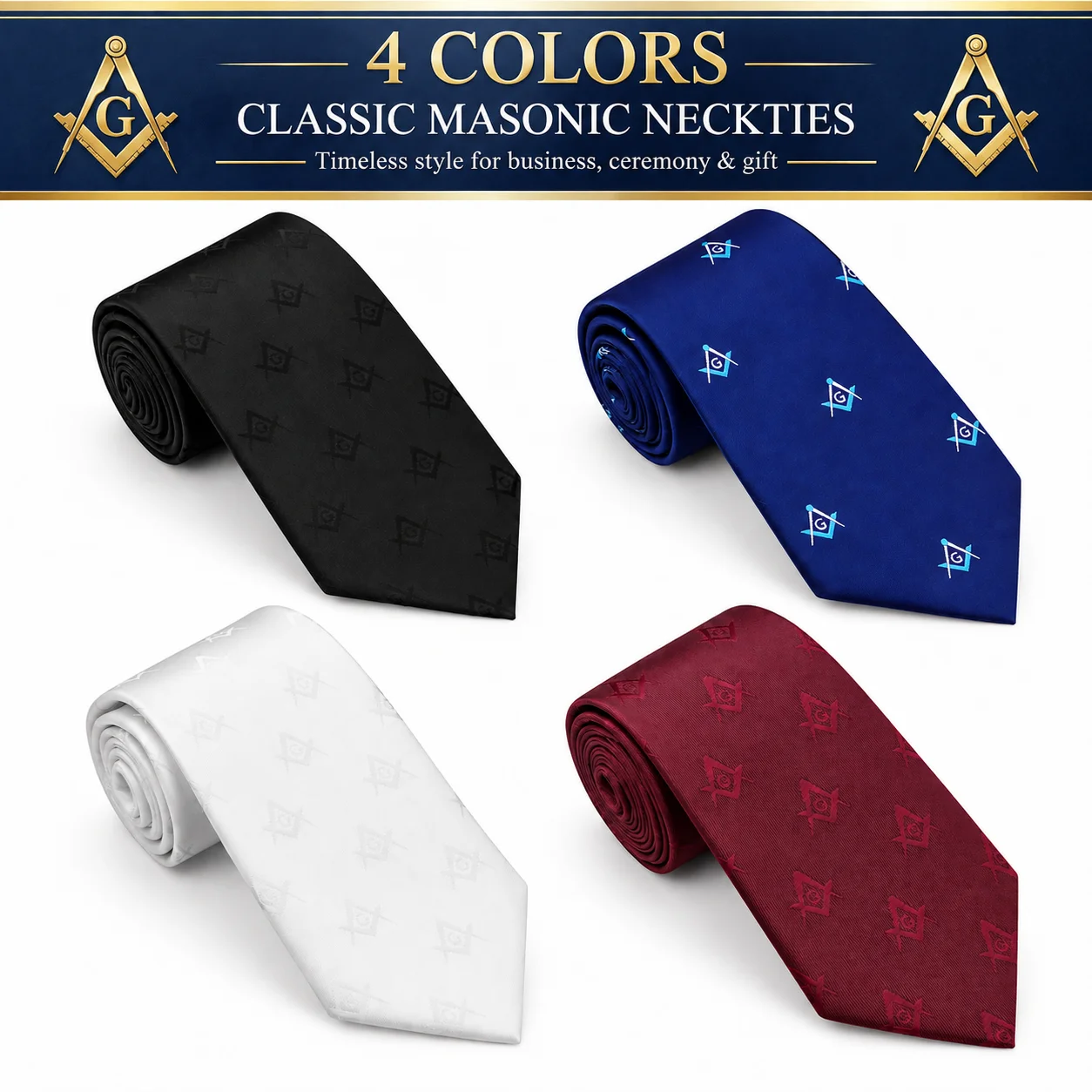 Masonic Square Compass G Symbol Necktie for Men, Woven Jacquard Polyester Neck Tie, Freemason Formal Business Wedding Necktie