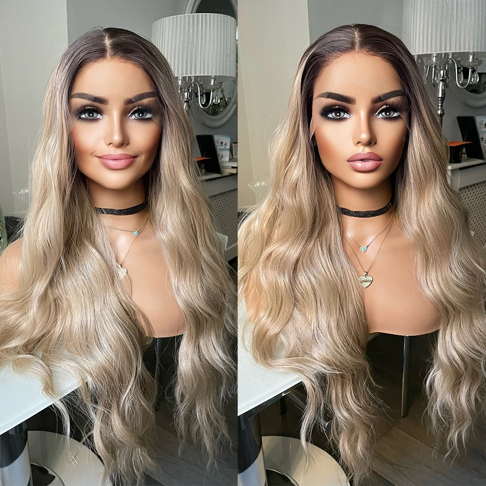 Perruque Lace Front Wig synthétique blond cendré ombré, racines brunes foncées, pour alopécie, perte de cheveux, cadeau pour femmes, résistant à la chaleur