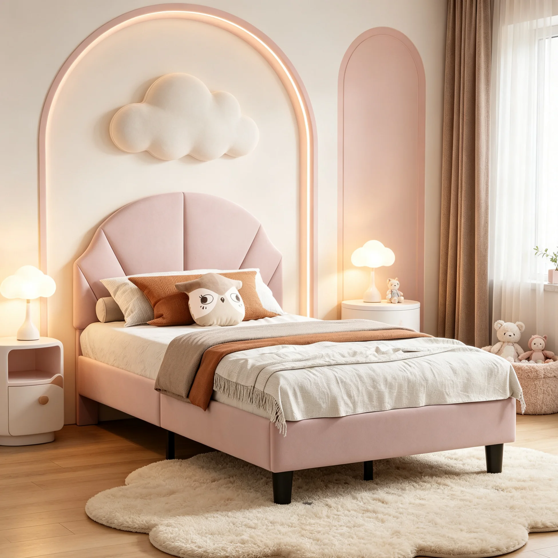 Simurq Kinderbett 90 x 200 cm, Jugend-Einzelbett mit verstellbarem Kopfteil, Bettgestell mit Lattenrost, Prinzessinnenbett, Mädchenbett, Samt, Rosa