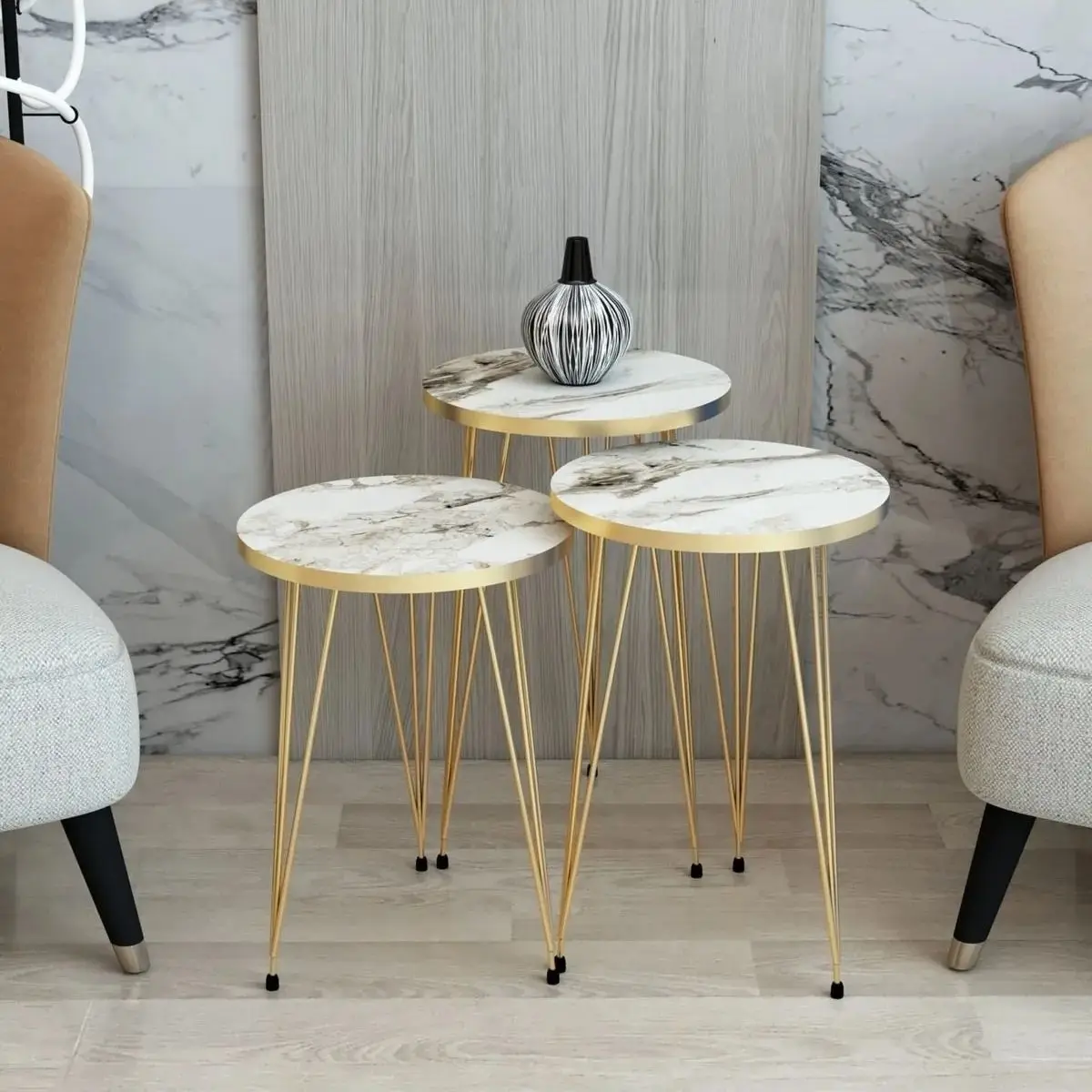 Modern Marble Nesting Tables Set of 3 Metal Gold Leg Service Tables 3Pcs Round Coffee Tables for Living Room Bedroom Furniture