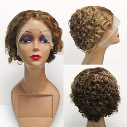 4/27 Highlight Blonde Pixie Short Curly Bob Wigs 13x4 Lace Front Wig Pixie Cut Wig Short Deep Curly Transparent Lace Frontal Wig