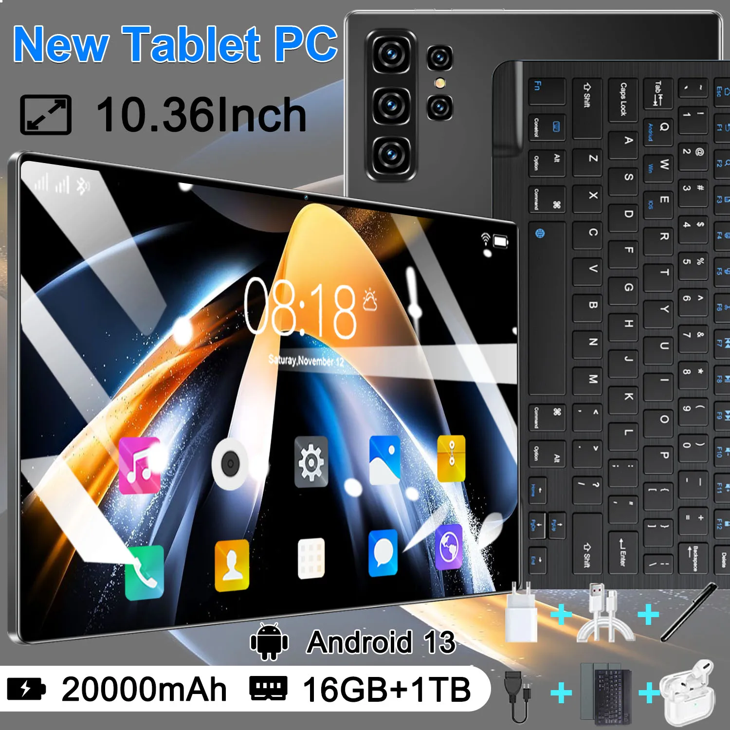 Picture: PAD Android Global Version HD Screen Tablet Android 10.36-inch 16GB RAM 1TB ROM 20000mAh Android 13.0 14 Core Tablet PC Type-C Dual Camera 16MP+32MP Dual SIM Card Network WIFI Bluetooth GPS WPS Office Gifts