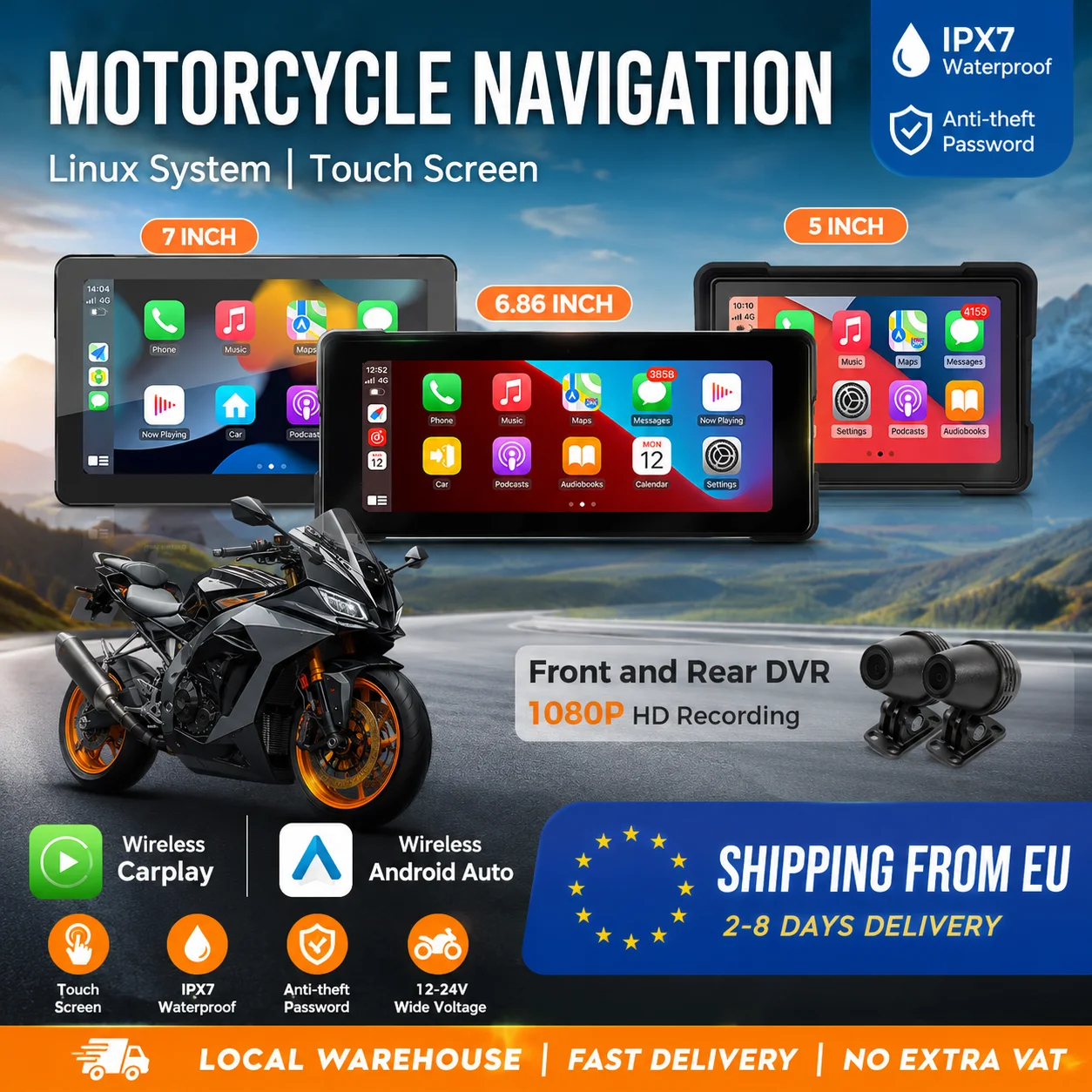 Écran d'affichage sans fil CarPlay pour moto MEKEDE 5" 6.86" 7", navigation GPS portable, tableau de bord pour moto, Android Auto, moniteur tactile BT étanche IP67, DVR universel pour Honda Yamaha BMW KTM Ducati Suzuki Kawasaki, stock européen