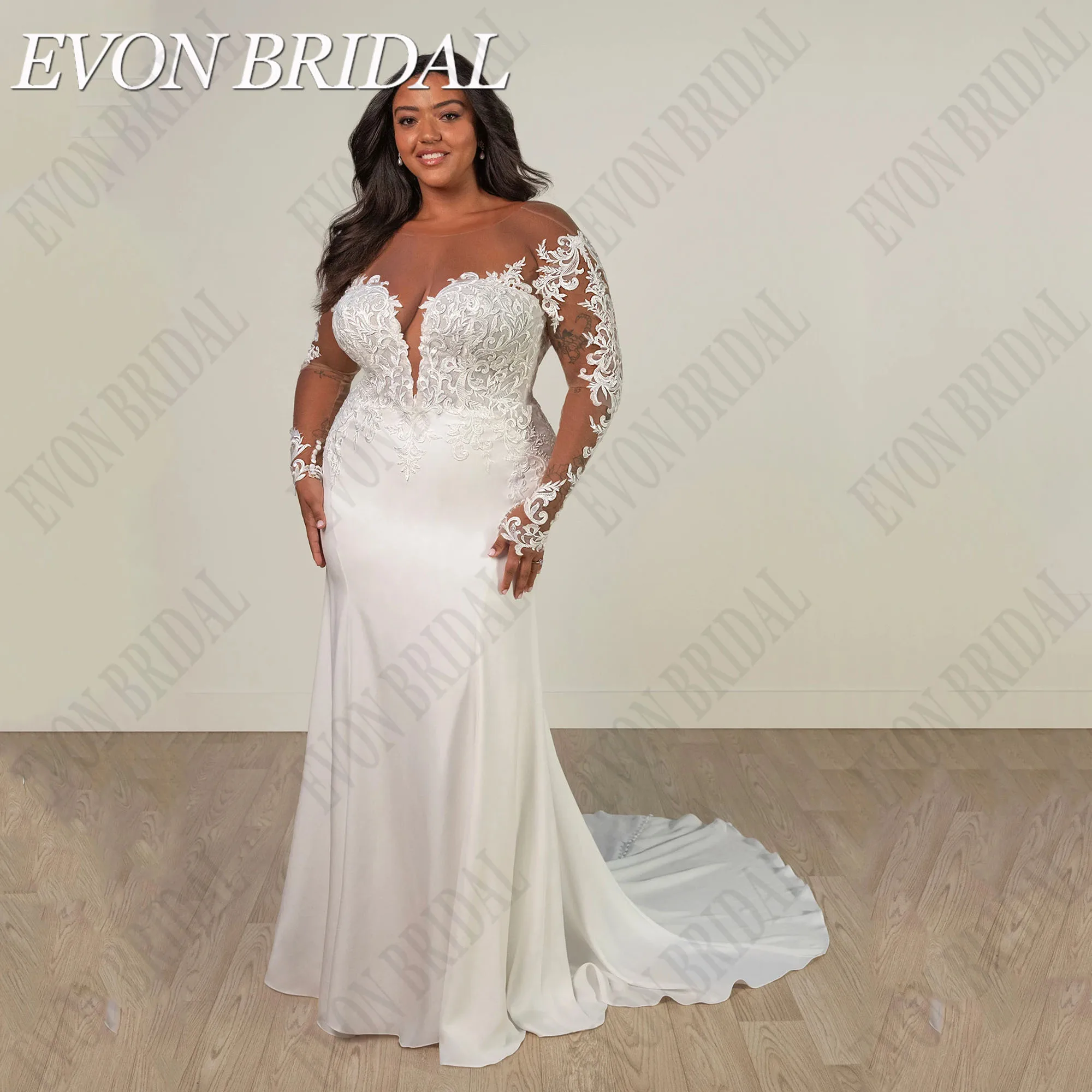 EVON-vestidos de novia de lujo de talla grande, manga larga, sirena, satén, Espalda descubierta, cuello redondo, Apliques de encajeEvon Bridal lujoso vestido de novia de talla extra grande vestido de novia de manga lar