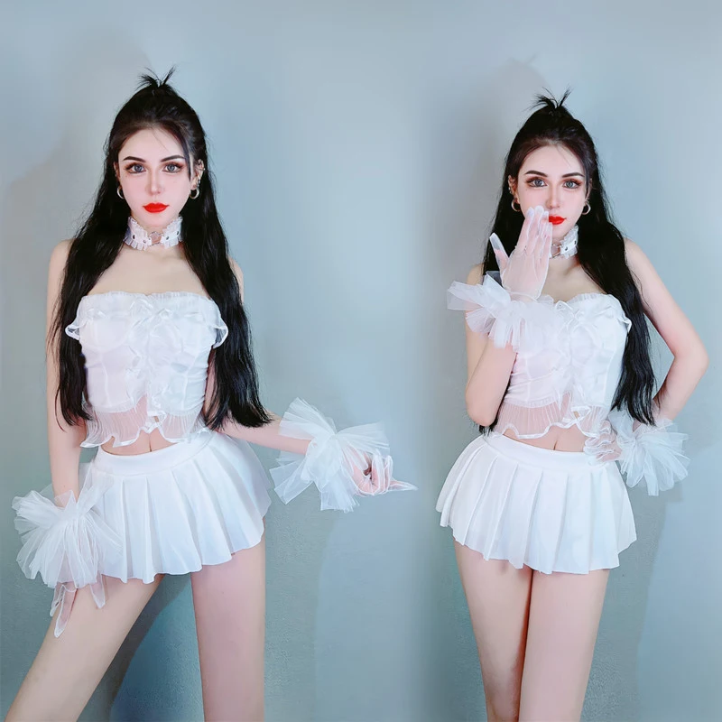 

New Bar Ds Stage Costumes Nightclub Female Singer Gogo Dancer White Lace Suit Festival Rave Outfits Pole Dance Clothing DQL7557