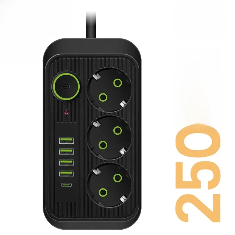Cabo de extensão multiprise EU Plug, 3AC Tomadas, Tomada Elétrica com 4 USB 1 Filtro de Rede Tipo C,