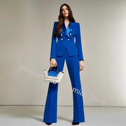 Royal Blue Business Women's Blazer Pants Set Formal Office Work Wear Double-Breasted Jacket 2-Piece Ladies Suit