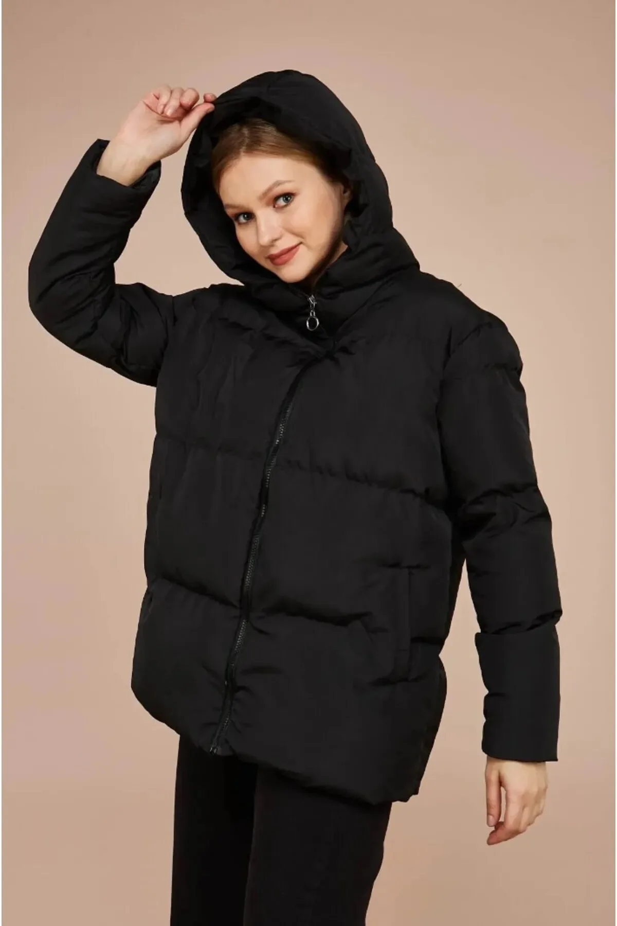 Butik Nissa - Women's Black Extra Soft Oversized Hooded Inflatable Coat BNT-932