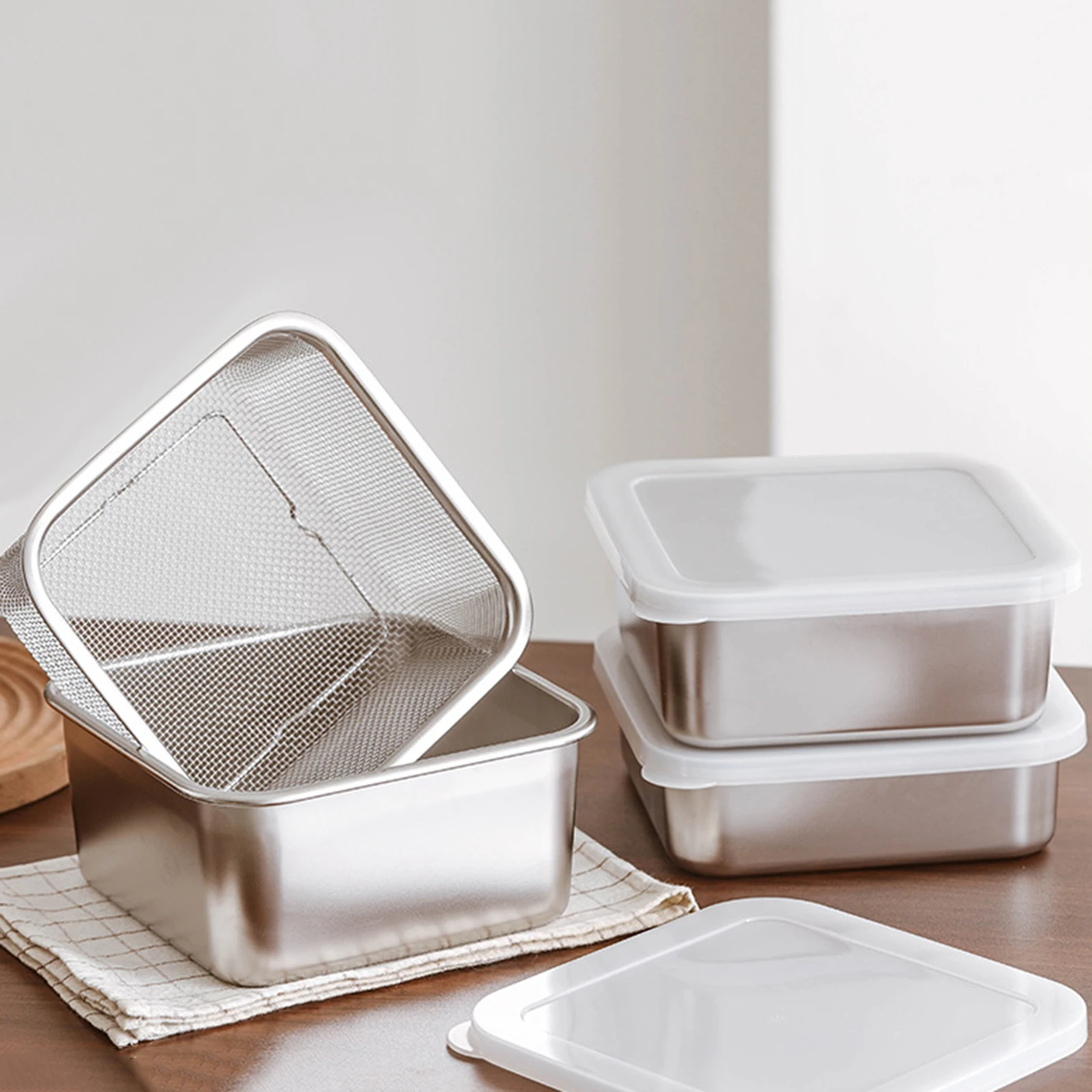 

Stainless Steel Food Container with Strainer Stackable Multipurpose Colander Set for Lettuce Fruits Vegetable Meat Salad Storage