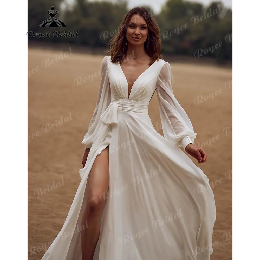 Vestido de fiesta de boda rústico de manga larga de gasa con abertura lateral y cuello en V para mujer, vestido de novia bohemio Elopement, vestidos personalizados