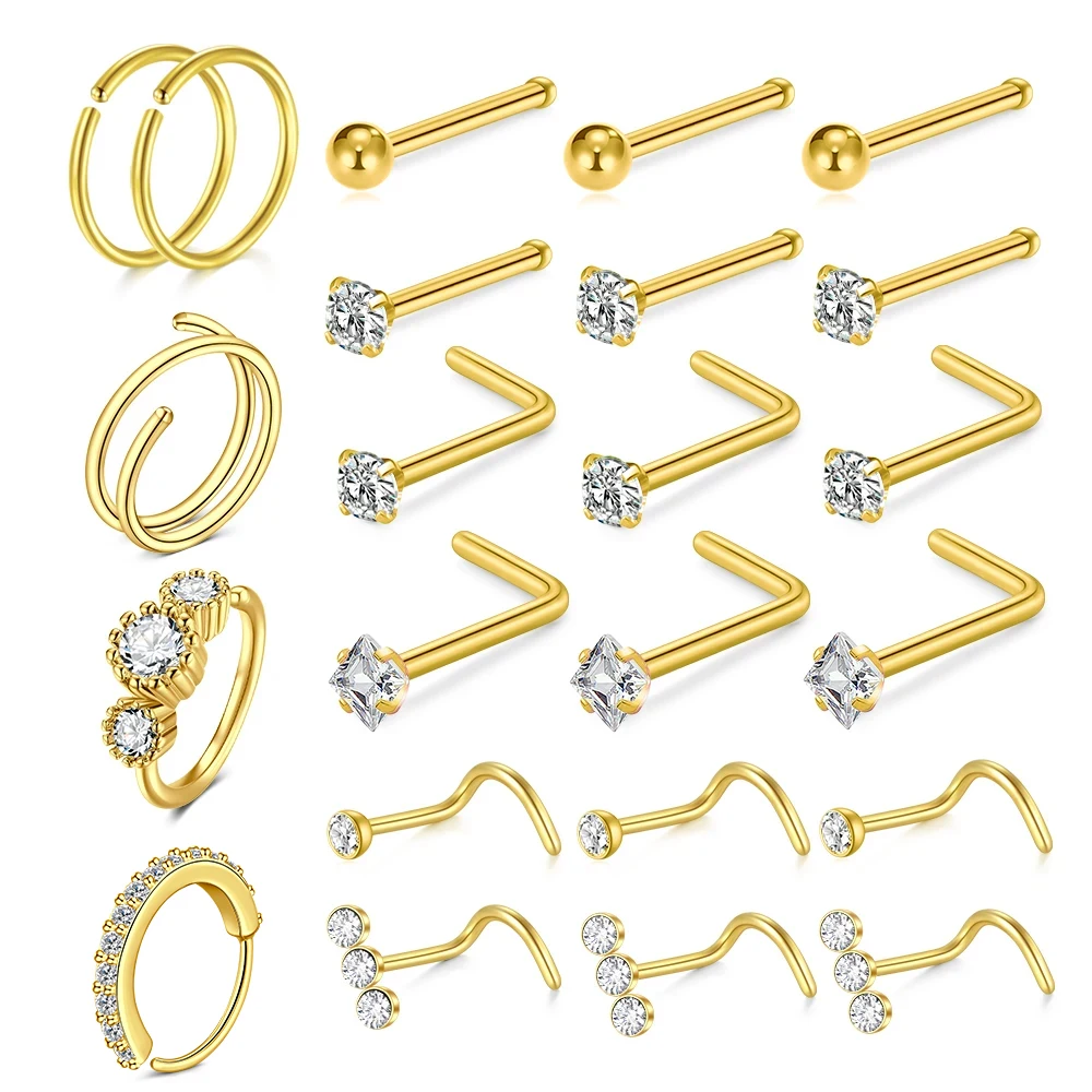 22Pcs/Set Nose Rings Septum Nose Studs Earrings 20G Nose Studs Corkscrew Nose Hoop Stainless Steel Screw Nose Piercing Jewelry