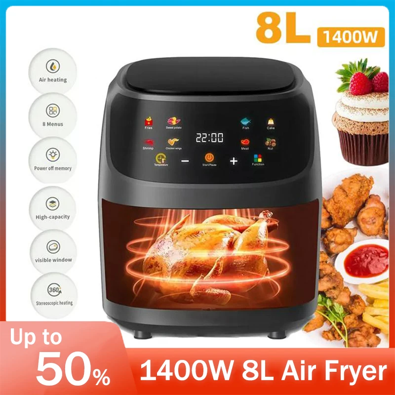 1400W 8L Large Capacity Intelligent LCD Screen Air Fryer Without Oil Fryer Oven For Frying French Fries And Grilled Chicken