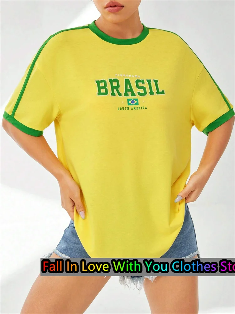 Brasil Letter Print TShirt For Women Summer Oversized O-neck Tee Harajuku Trend Sport Short Sleeve  Streetwear Tops Unisex