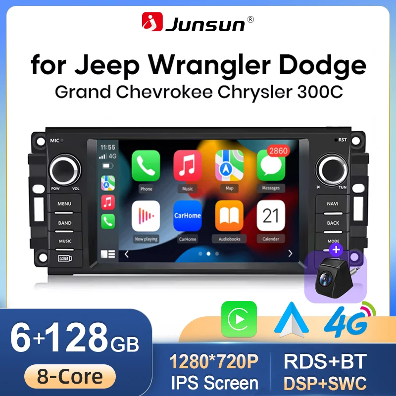 Junsun 7-Zoll Wireless CarPlay Android Auto Autoradio für Jeep Wrangler Grand Cherokee Patriot Compass Chrysler 300C Dodge Caliber GPS-Navigation Multimedia-Player WiFi DSP RDS BT SWC IPS-Touchscreen