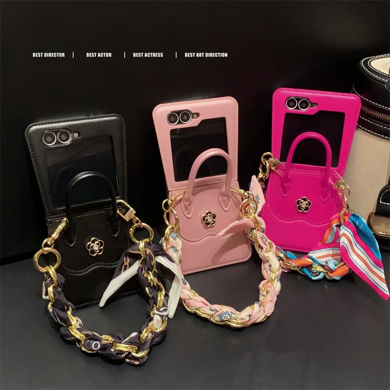 Etui na telefon Deluxe PU Leather Handbag 3D Flower do Samsung Galaxy Z Flip 6 5 4 3 Etui na telefon Zflip5 flip6 Premium Silk Scarf Case — zdjęcie produktu 6