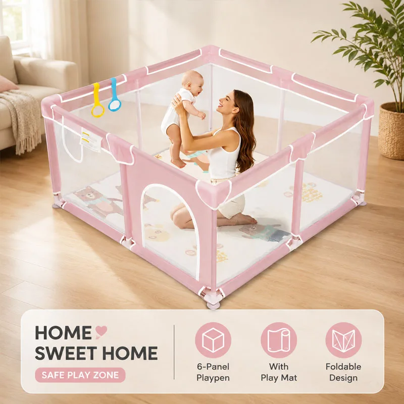 

Baby Playpen with Mat Foldable Kids Safety Play Yard Indoor Outdoor Toddler Activity Center Portable Baby Fence with Crawling Mat Pull Rings