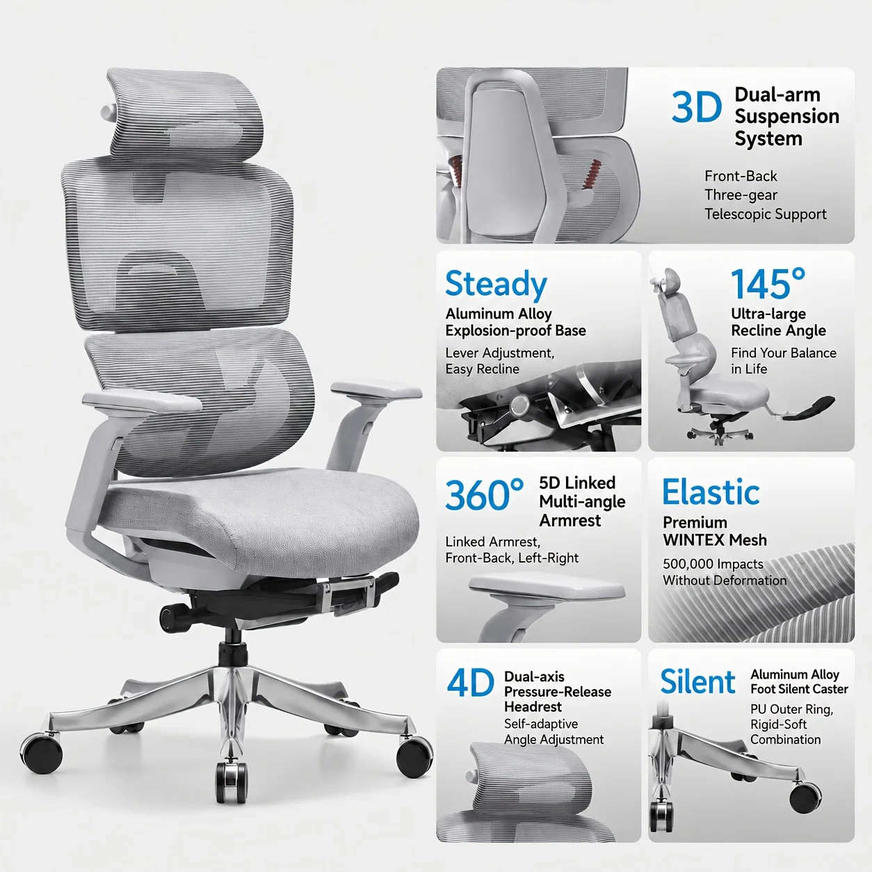 Ergonomic Mesh Office Chair with 4D Headrest, 3D Lumbar Support, 5D Armrests, Thick Cushion, Reclining Desk Chair