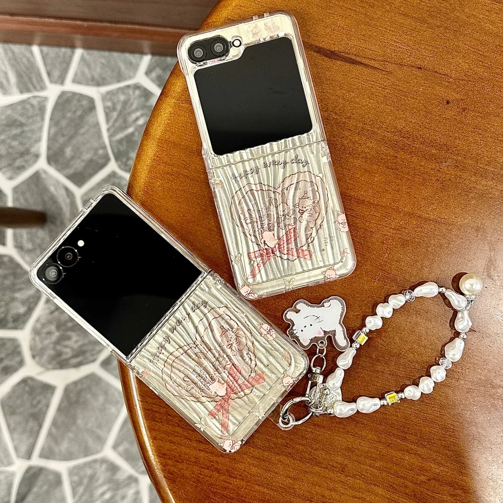 

Pink love kitten corrugated series mobile case, suitable for Samsung Z Flip3 4/5/6/7, with chain, shock-proof protective case