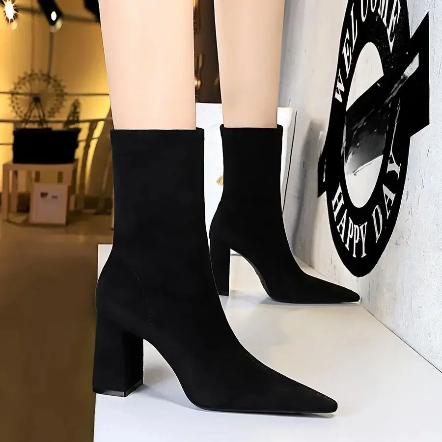 Grande taille 43 talon Ă©pais dames bottes de travail noir troupeau Sexy mince sans lacet bottines automne femmes pointu talons hauts chaussures de fĂȘte