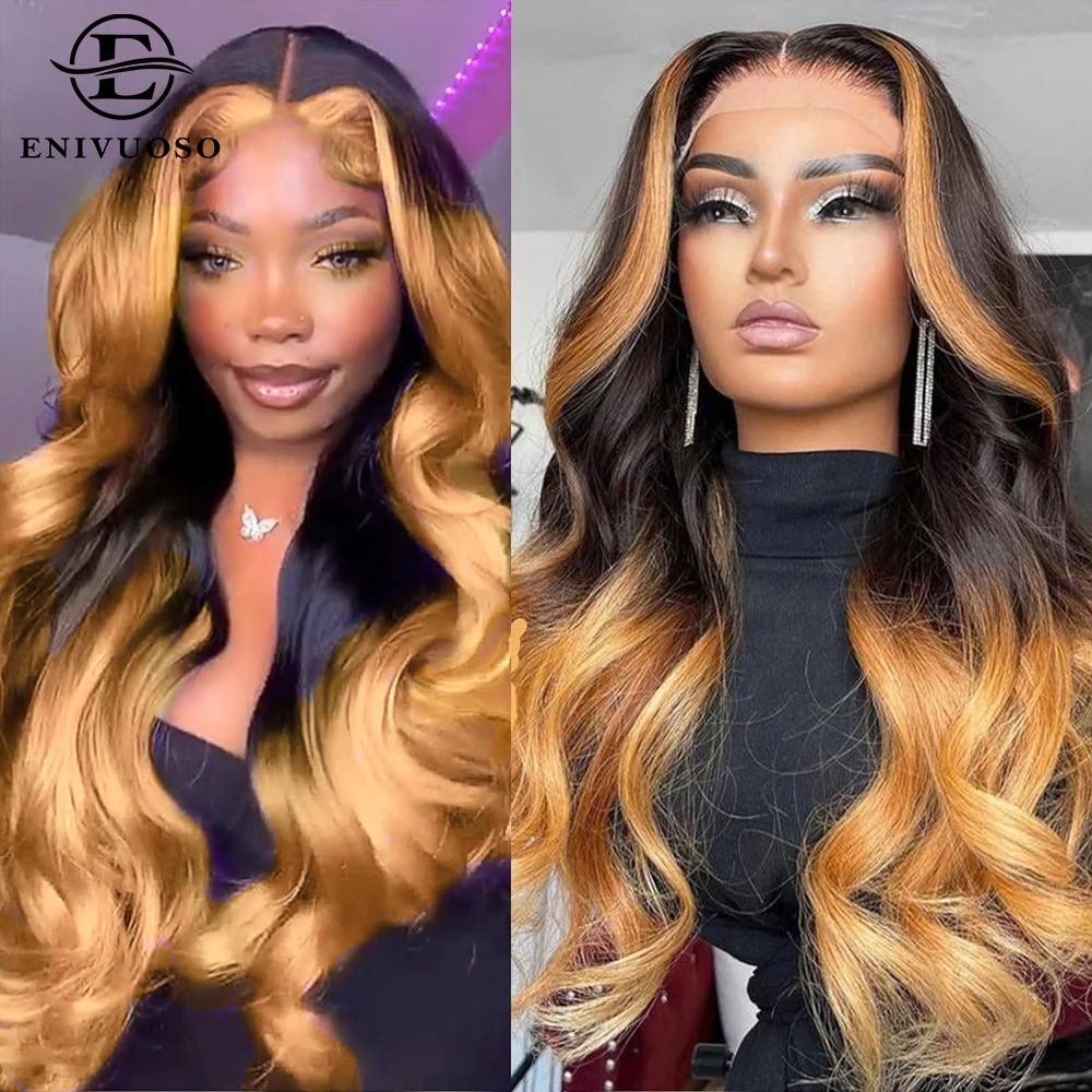 

Ombre Honey Blonde Body Wave Wig Long Wavy 13x4 Lace Front Wigs Pre Plucked Skunk Stripe Colored Glueless Synthetic Wigs 28 Inch