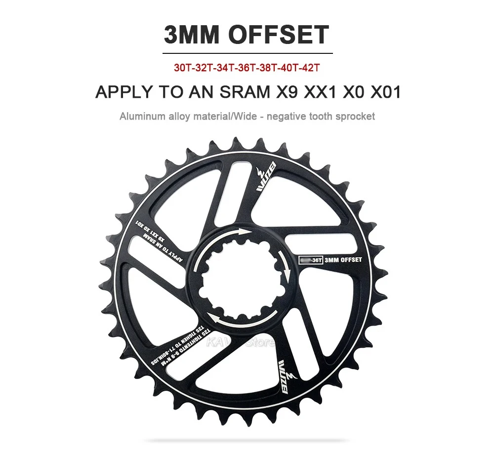 WUZEI MTB 3 Bolzen Kettenblatt 30T 32T 34T 36T 38T 40T 42T Offset 1mm/3mm/6mm CNC Kettenrad für Sram 11/12S NX XX XO GX GXP11 – Detail 7
