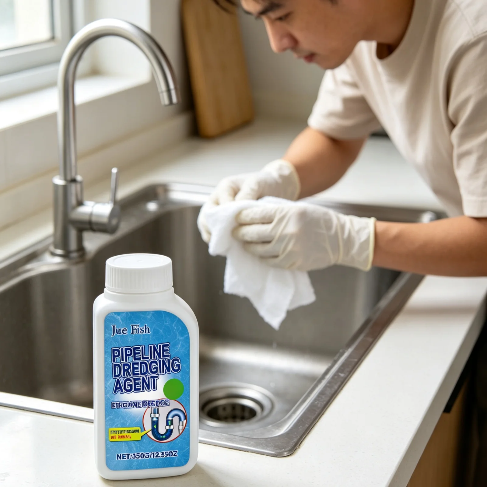 Jue Fish Pipeline Dredging Agent Fast Dissolving Stains Neutralize Odors Long Lasting Anti Clog Pipe Clog Remover Powder 350g