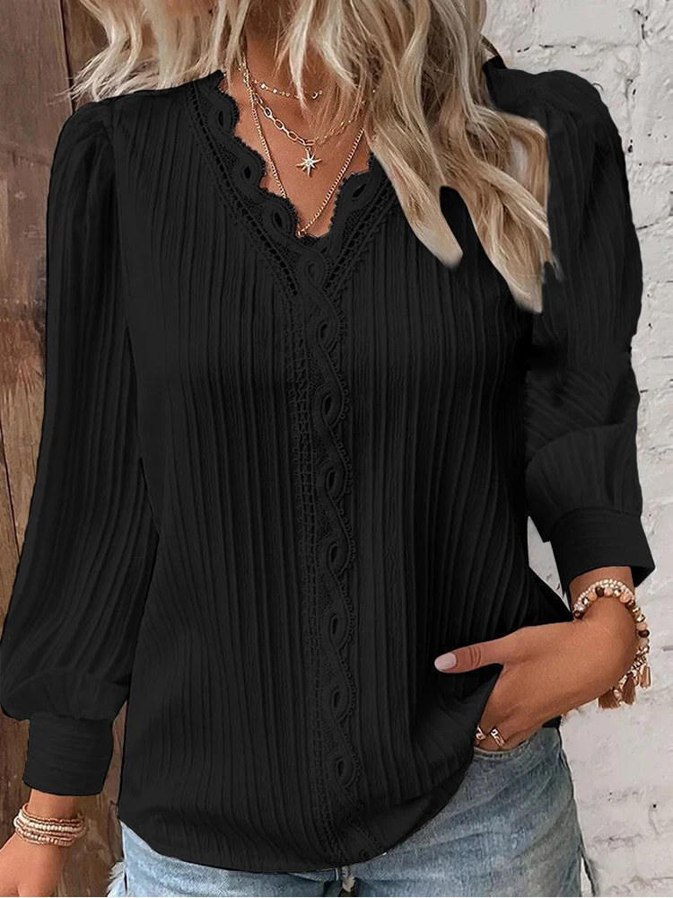 Camisa elegante de encaje calado con diseño de telas combinadas para mujer, camisa elegante de manga larga con cuello en V, Tops regulares básicos