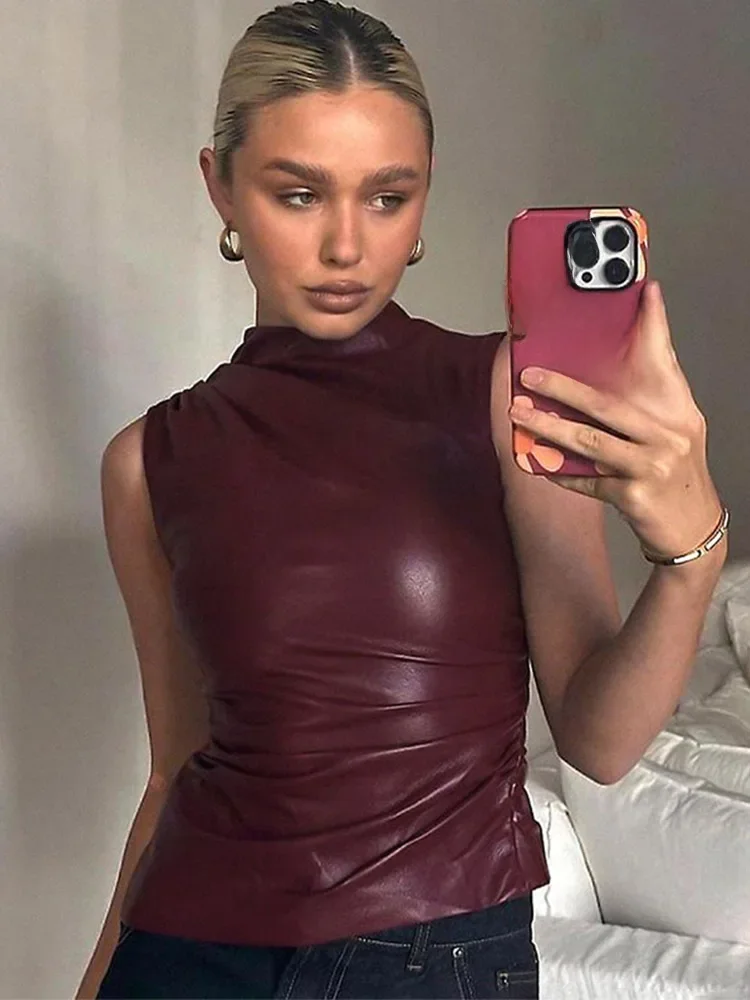 Kobiety Y2K Vintage Pu Simple Basic Tank Top High Waist Skinny Shrunk Slash Cut Sleeveless Tops Wszechstronne szlachetne koszule — zdjęcie 2
