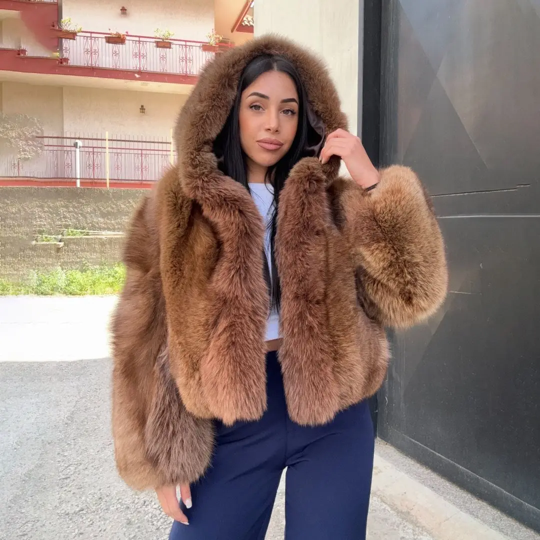 Luxury Women Real Fox Fur Jacket with Hood Winter Fashion Thick Warm Natural Fur Overcoats Genuine Full Pelt Fox Fur Cooat Woman