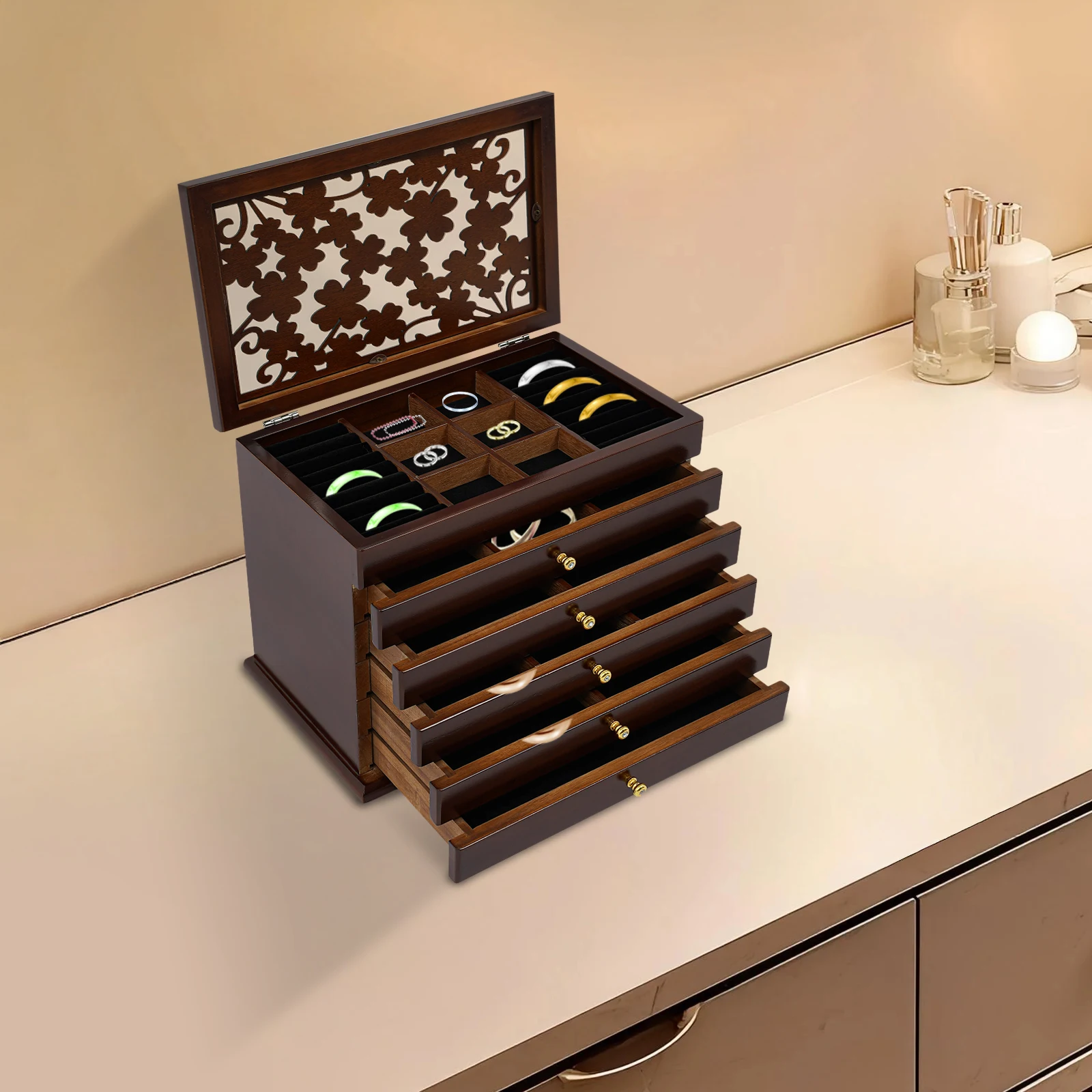 Wooden Jewelry Box Vintage Style Compact Organizer for Necklaces Earrings Rings And Bracelets Walnut Brown Storage Box