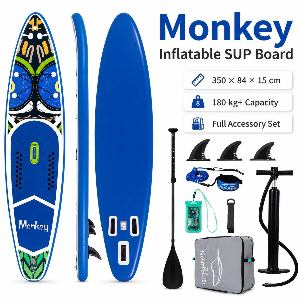 350 cm opblaasbaar stand-up paddleboard voor 2-3 personen, capaciteit 180 kg, 3 vinnen, antislip SUP met peddelpomp en rugzak