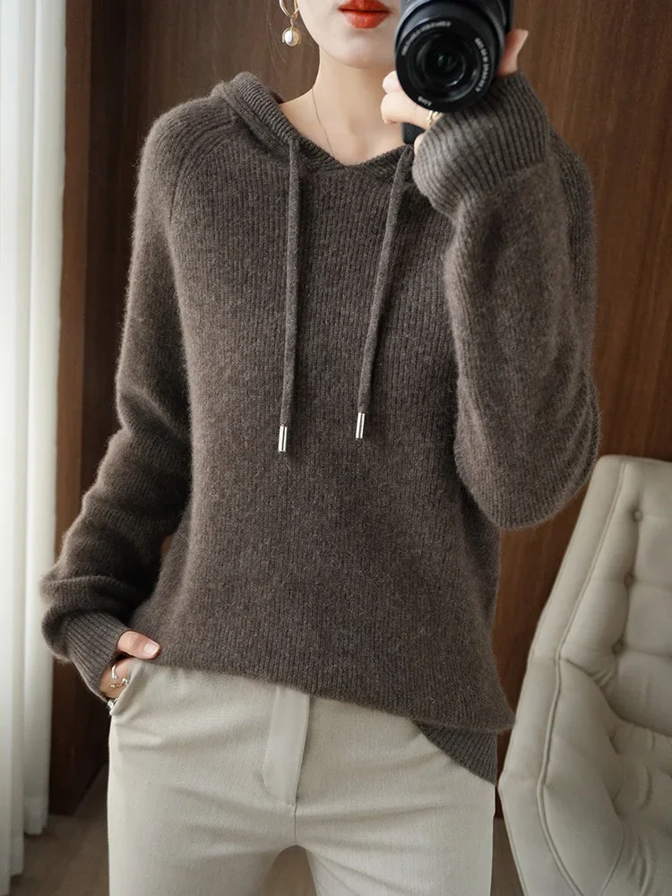Nowy jesienno-zimowy damski ciepły sweter kaszmirowy wełniany sweter z kapturem i kołnierzem Casualowa dzianinowa kurtka pogrubiająca Tops Sweater — zdjęcie 2