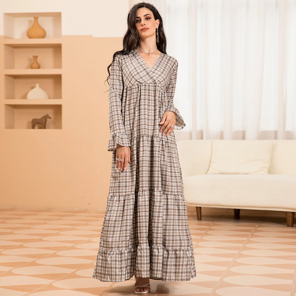 Elegant style V-neck Plaid Splicing Ruffle Flared sleeve Long Dresses