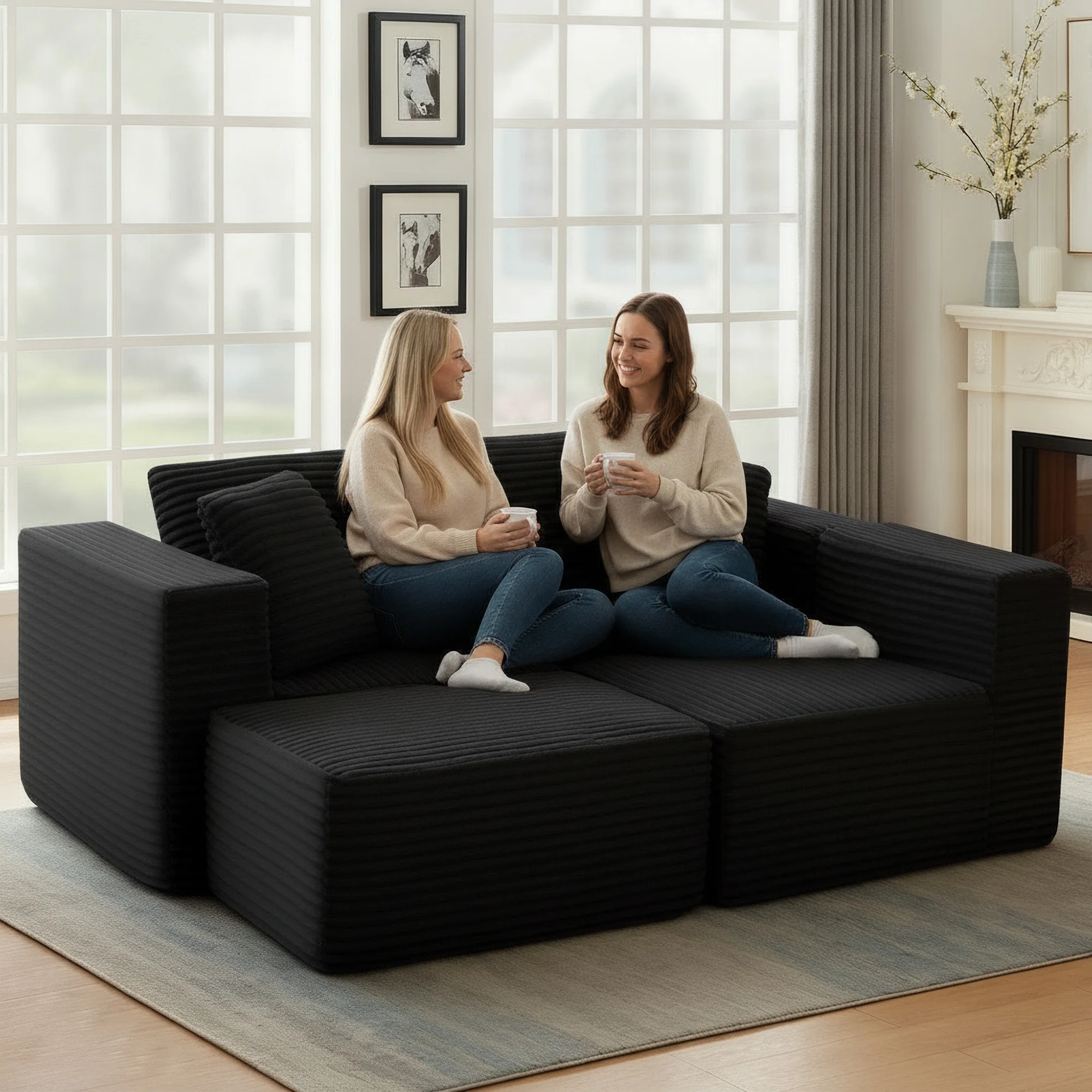 Black Premium Corduroy Modular L‑Shape Sectional Sofa, Chaise Lounge Couch with Widened Armrest, Vacuum Packed No Assembly for Indoor Daily Relax