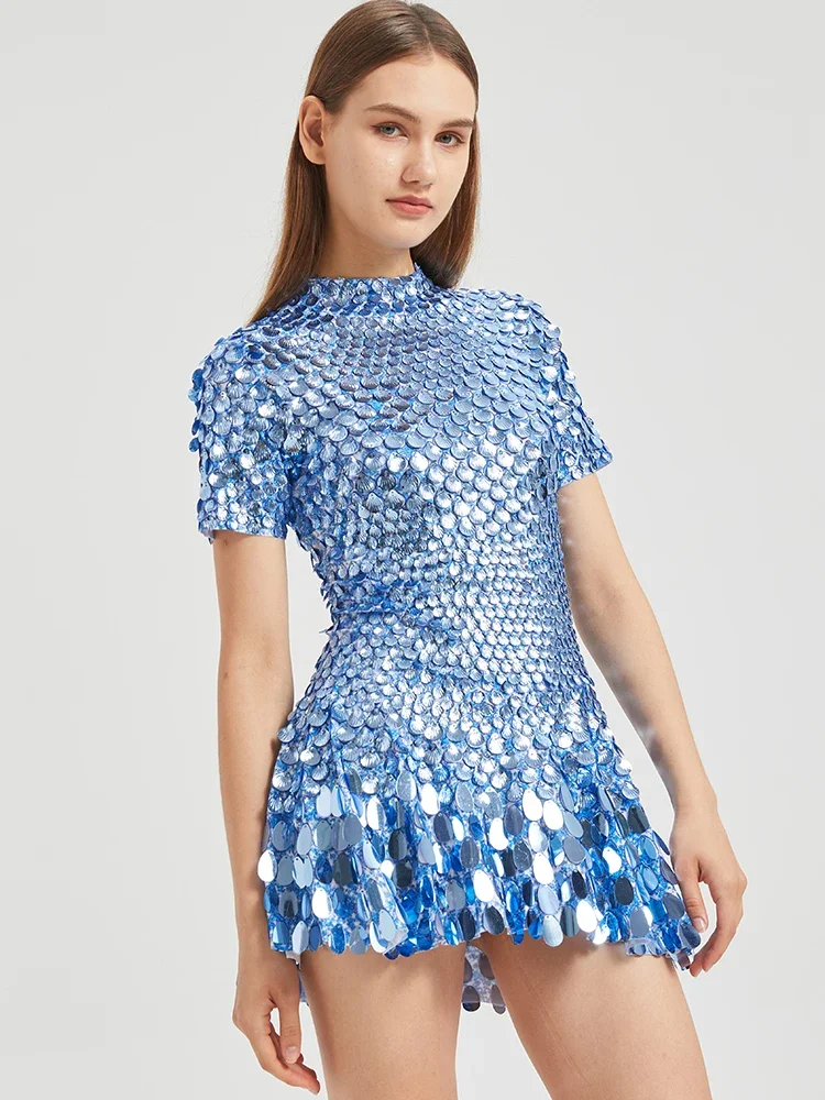 XXXL Sexy Lake Blue Shell Pailletten Mini-jurk Nachtclubdans Hoge kwaliteit prestatiekleding Body Verjaardag Rode jurken - afbeelding 2