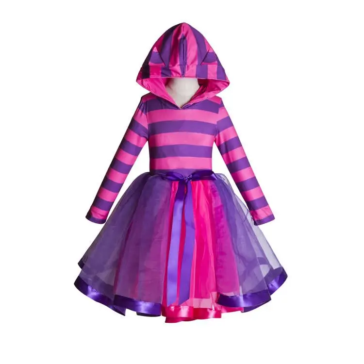 

Kids Cheshire Cat Costume Pink Purple Striped dress Cosplay Halloween Alice in Wonderland Inspired Knee Length Tutu Dress