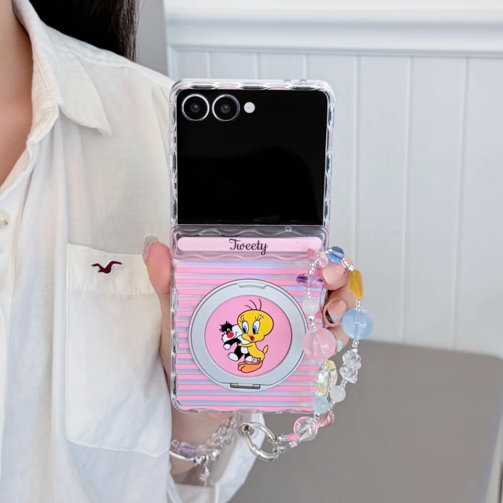 Cute Cartoon Bird Striped Phone Case for Samsung Galaxy Z Flip8 Z Flip7 Z Flip6 5 With Magsafe Holder Sweet Pink Anti‑Fall Cover