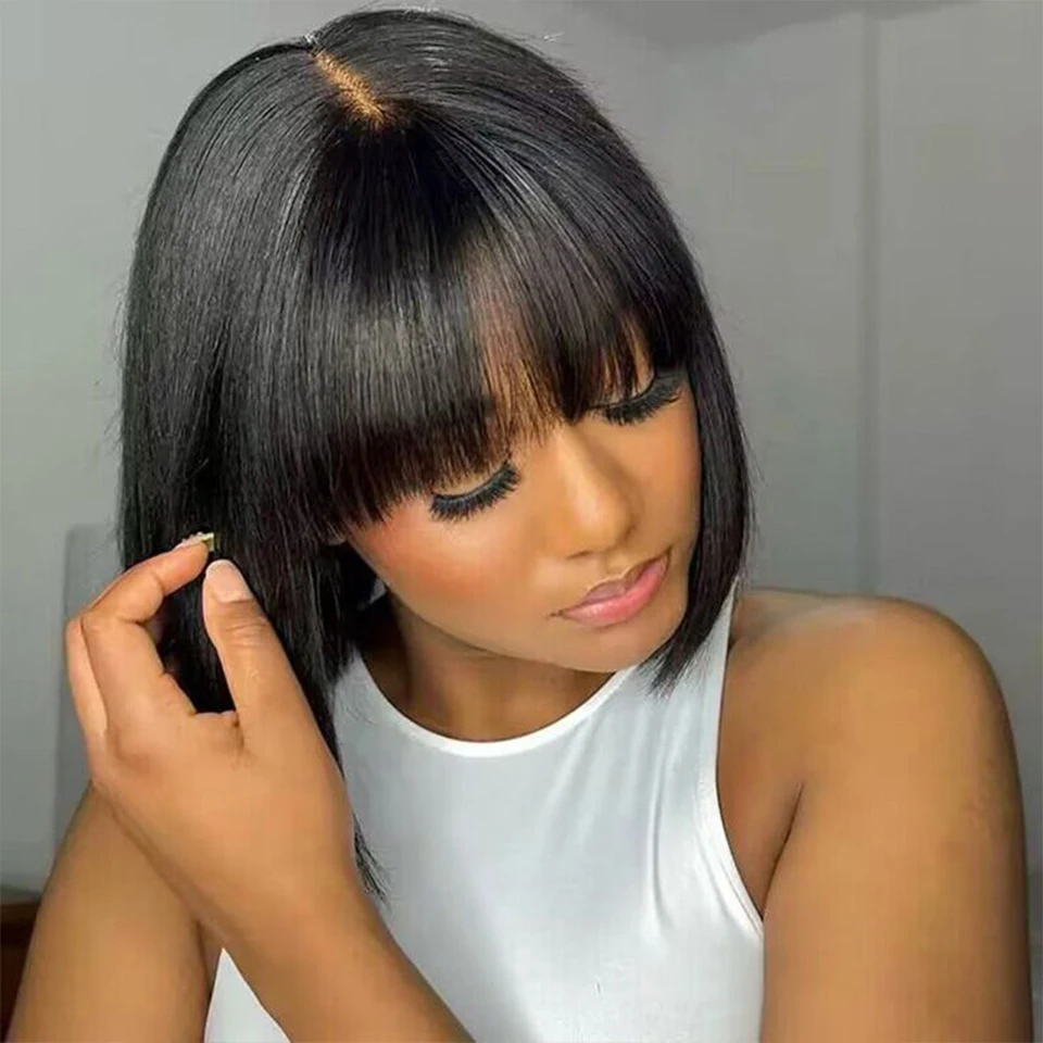 Pelucas de cabello humano lacio con flequillo, bob con raya al medio, cuero cabelludo realista, brasileño lacio con flequillo 2